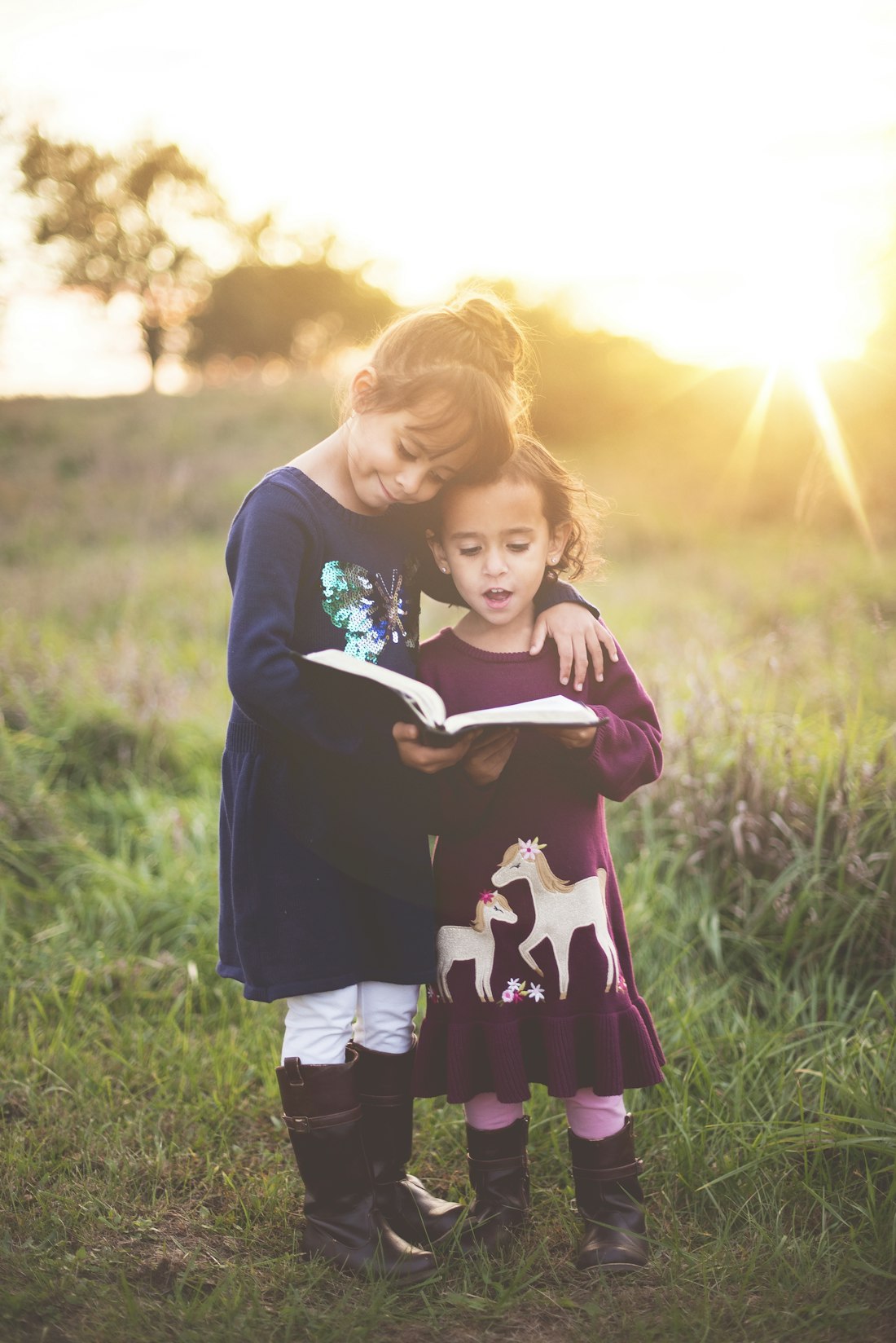 An older child reading a book aloud with her younger sister in a field at golden hour.